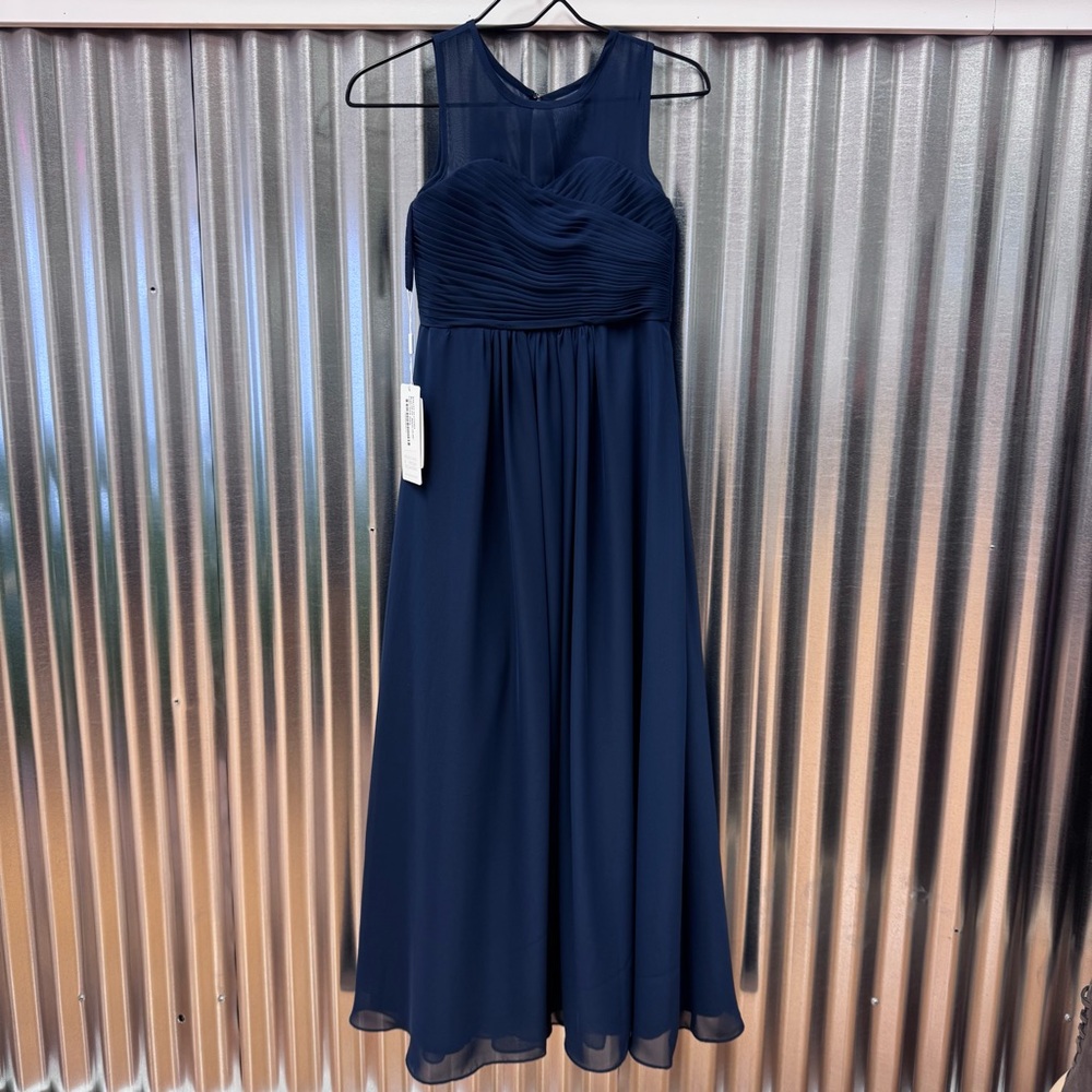 NWT JJ’s House Elegant Navy Blue Chiffon A-Line Lined Bridesmaid Evening Gown
